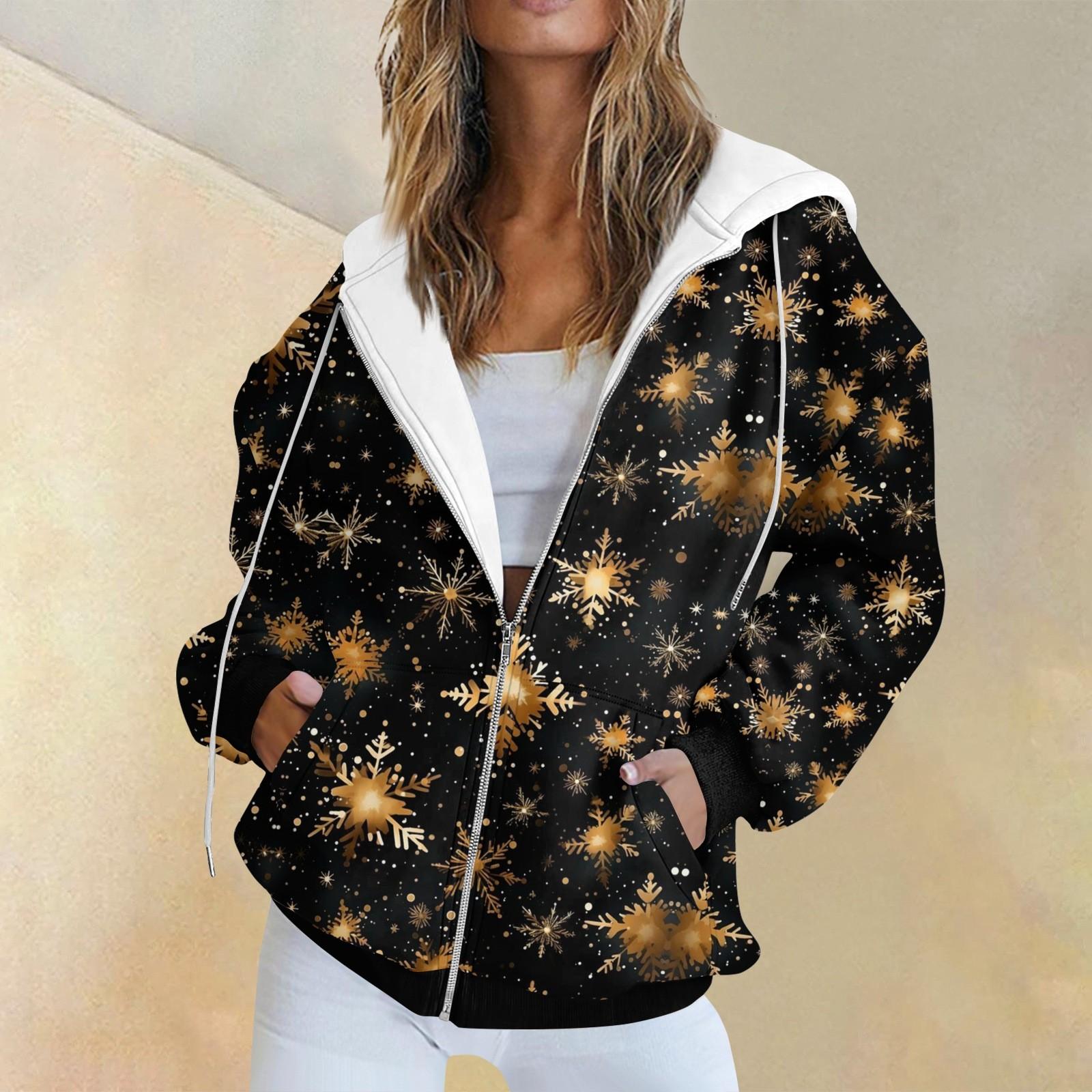 

Женская модная повседневная толстовка с рождественским принтом и длинными рукавами, карманная куртка, пальто с капюшоном на молнии XXL золотой