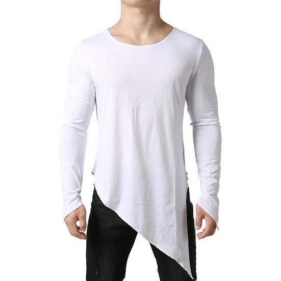 Herren T-Shirt Langarm Einfarbige Unregelmäßiger Saum Pullover Streetwear Warm Seitenschlitz Langer Stil Herren Frühlingstop Männliche Kleidung