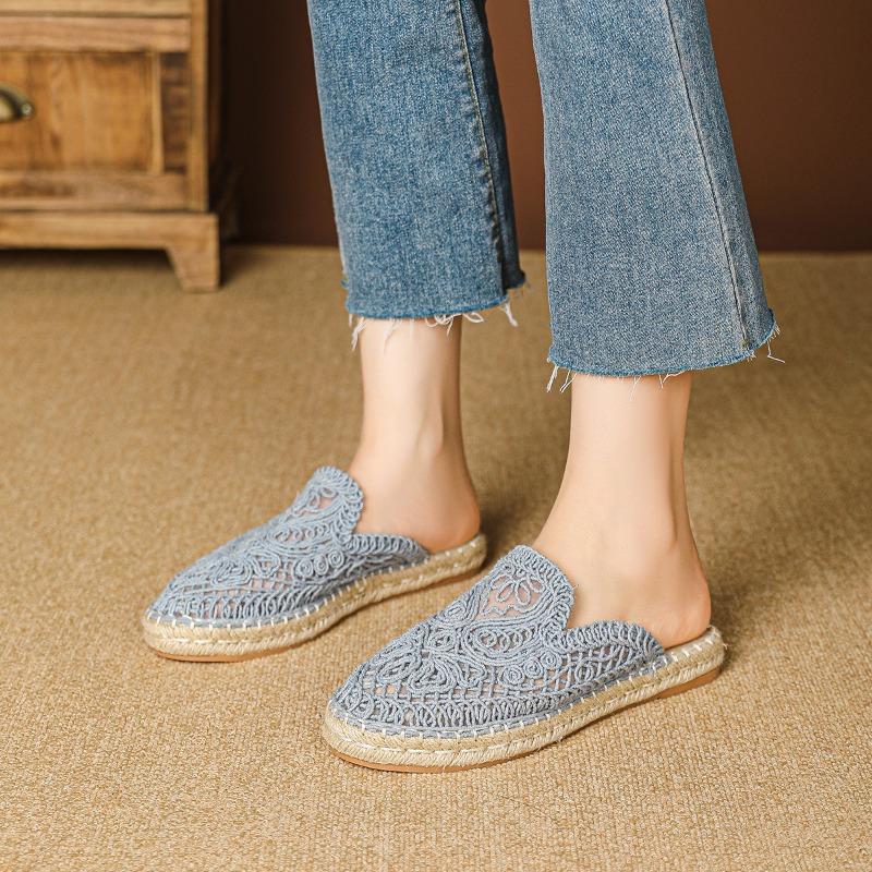 Fashion Flat Shoes Female Slippers Women Summer Slides Fretwork Heels Loafers Cover Toe Fabric Rubber PU Scandals Cotton Round Slippers