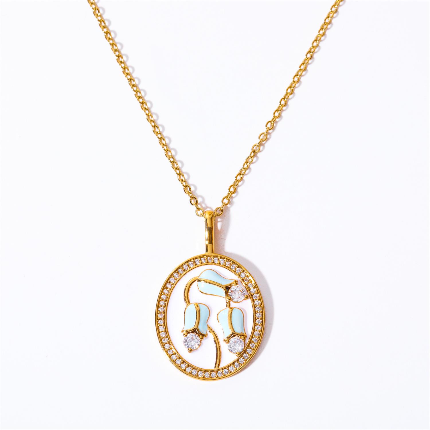 Blue Tulip Oval Retro Pendant Necklace - Women s European & American Fashion, Inlaid Style