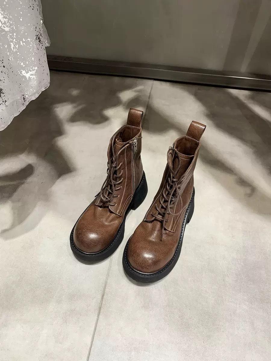 

Cowhide~ Grape Mom Same Washed Horse Leather Lace-up Coarse Heel Locomotive Boots Outdoor Short Boots Women s Platform Martin Boots 40