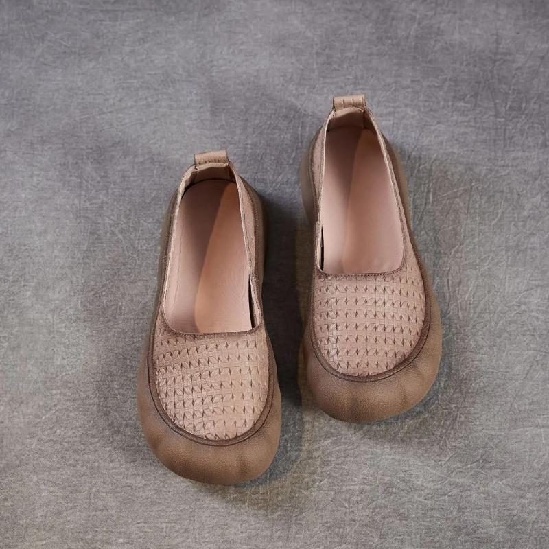 Johnature Genuine Leather Woven Retro Soft Soled Loafers Comfortable Shallow Women's Slip-on Shoes
