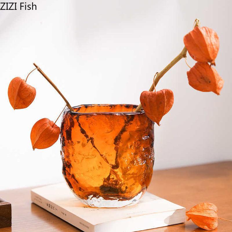 Ice Patterned Amber Glass Vase Plant Pots Table Decoration Flowers Arrangement Decorative Floral Vases Room Aesthetic Decor