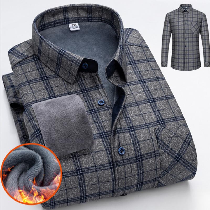 Autumn and Winter Thickened Men's Plaid Long-sleeved Warm Turn-down Collar Button Shirt Classic