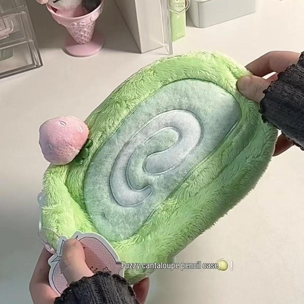 Cute Plush Cantaloupe Swiss Roll Pencil Case - Large Capacity Stationery Storage