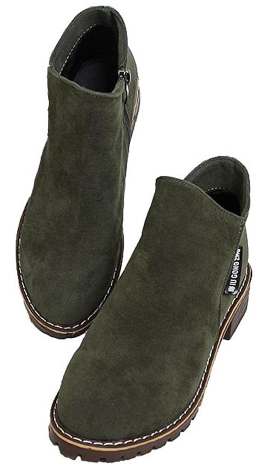 

1/2plus Women s Short Boots, Low Heel, Round Toe, Side Zipper, Suede-Like Ankle (Khaki, Size 40)