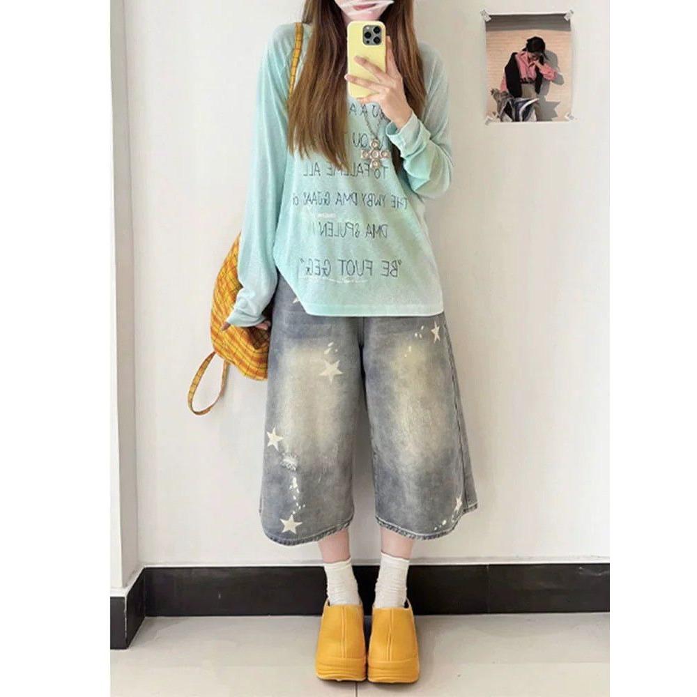 Women s High Waist Star Print Denim Culottes Vintage Washed Loose Cropped Jeans S синий