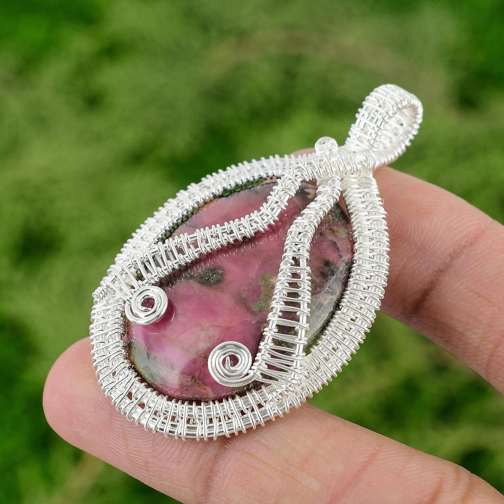 Daughters Day Sale 925 Silver Natural Rhodonite New Wire Wrapped Artisan Pendant