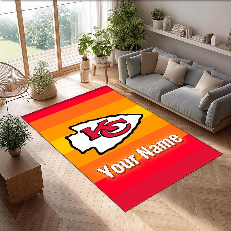 Kansas City Chiefs Crystal Velvet Rug, Custom Name Text Personalized Non‑Slip Floor Mat for Home Decor Gift