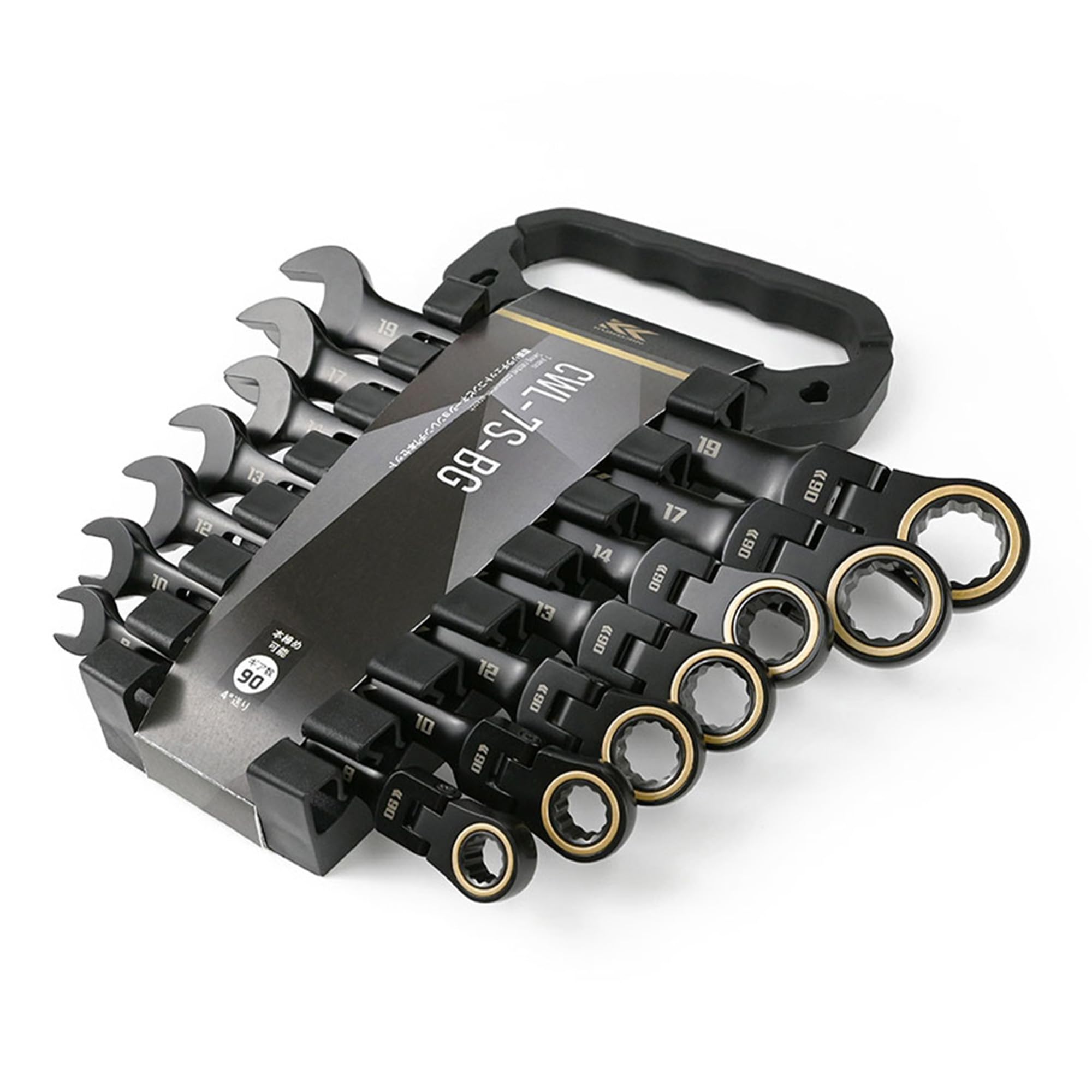 

Fujiya Swivel Ratchet Wrench Set, Black and Gold, 7-Piece Set, 8/10/12/13/14/17/19mm, 90 Gears for Working in Tight Spaces, Interchangeable Heads, CWL