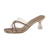 French crystal slippers women's 2025 summer new outer wear fashionable transparent thick heel high heel fairy style golden sandals