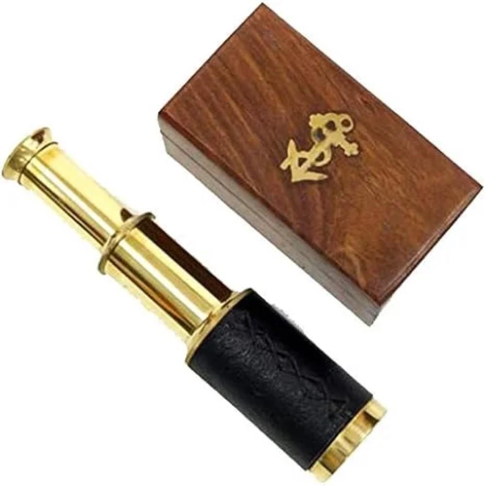 Handheld Brass Telescope 10.16 cm with Wooden Box - Nautical Pirate Navigation Tool