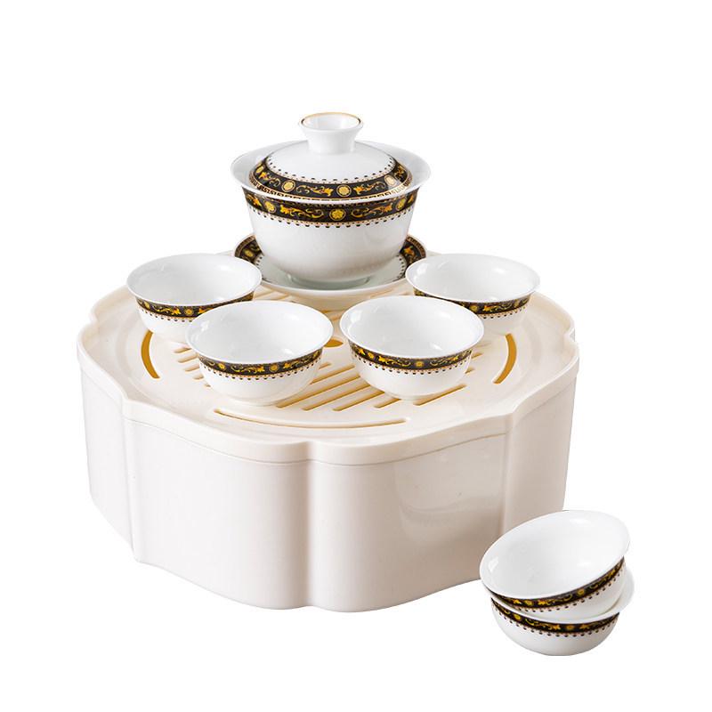 

Chinese Style Tea Set with Tray: Ceramic Tea Cups & Simple White Retro Gaiwan for Living Room or Travel 8 pieces