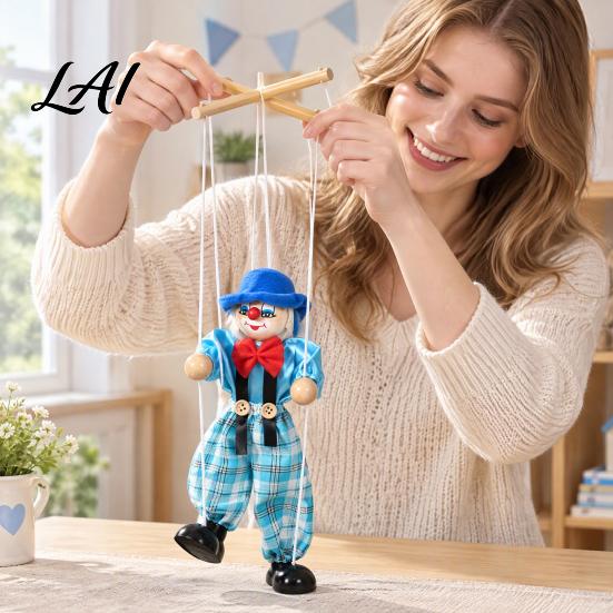 Marionette Puppet Wooden Clown Toy Vintage Pull String with Movable Limbs Limbs Handcrafted Classic Storytelling Theatre Toy for Kids
