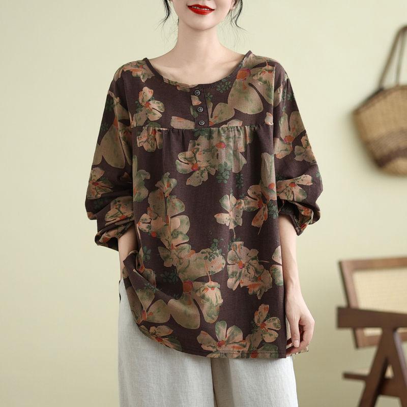 

Свободная рубашка с длинными рукавами для женщин среднего возраста и пожилых людей больших размеров из хлопка и льна с принтом, закрывающая живот, стиль весна-осень 3XL темно-коричневого