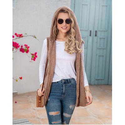 Gilet con cappuccio in peluche tinta unita di media lunghezza da donna per autunno e inverno, giacca casual comoda e ampia per la primavera