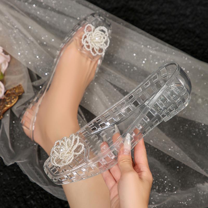 Fashion Jewel Flower PVC Sneakers for Women Summer Hollow Out Breathable Square Toe Flats Woman Comfort Soft Sole Non Slip Casual Shoes