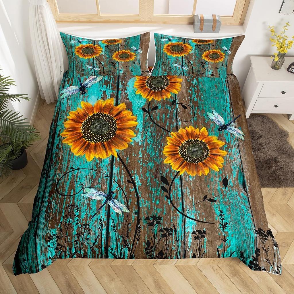 Rustic Farmhouse Bedding Sets Queen Country Butterfly Sunflower Duvet Cover Retro Barn Door Comforter Cover Cabin Lodge Bed Set