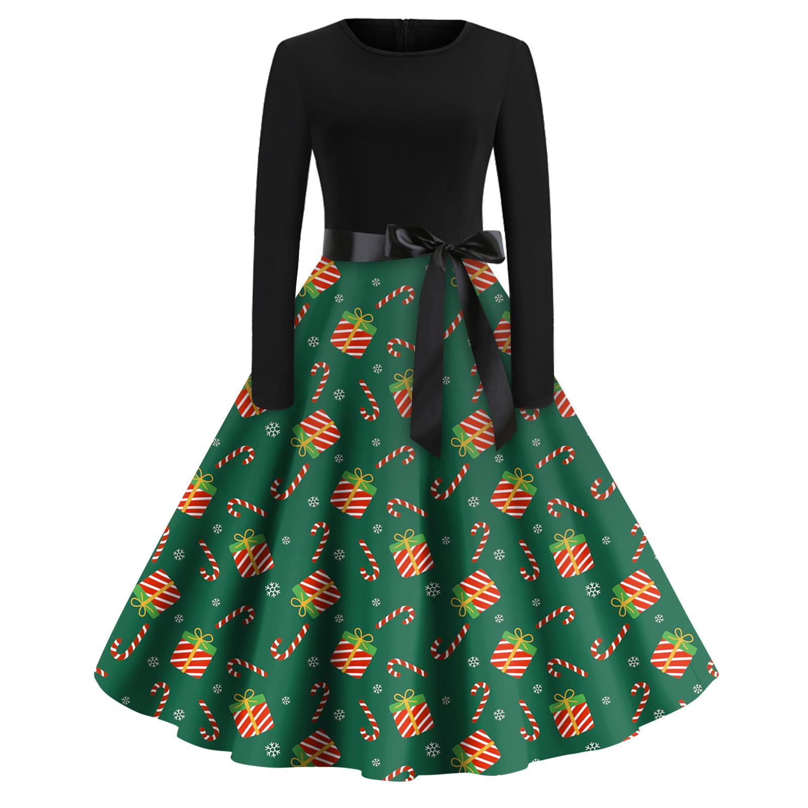 

Christmas Print Flare Dress For Women Long Sleeve Dress Hollow Party Casual Dresses L зелёный