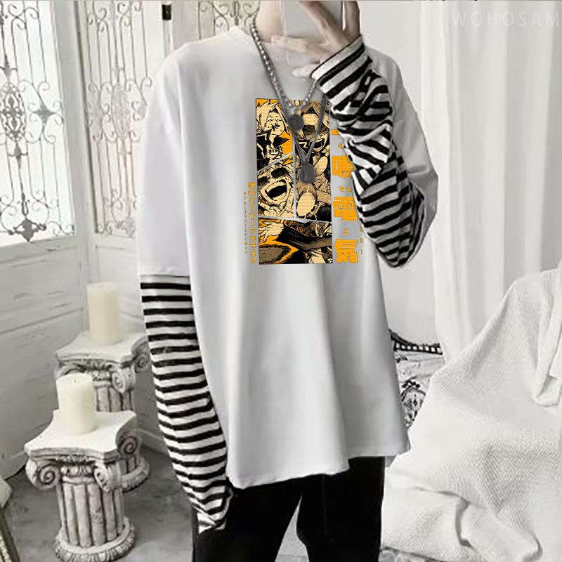 Maglietta a Strisce Moda Anime Giapponese My Hero Academia Top Uomo Donna Harajuku Manga Kaminari Denki Grafiche Maglia a Maniche Lunghe