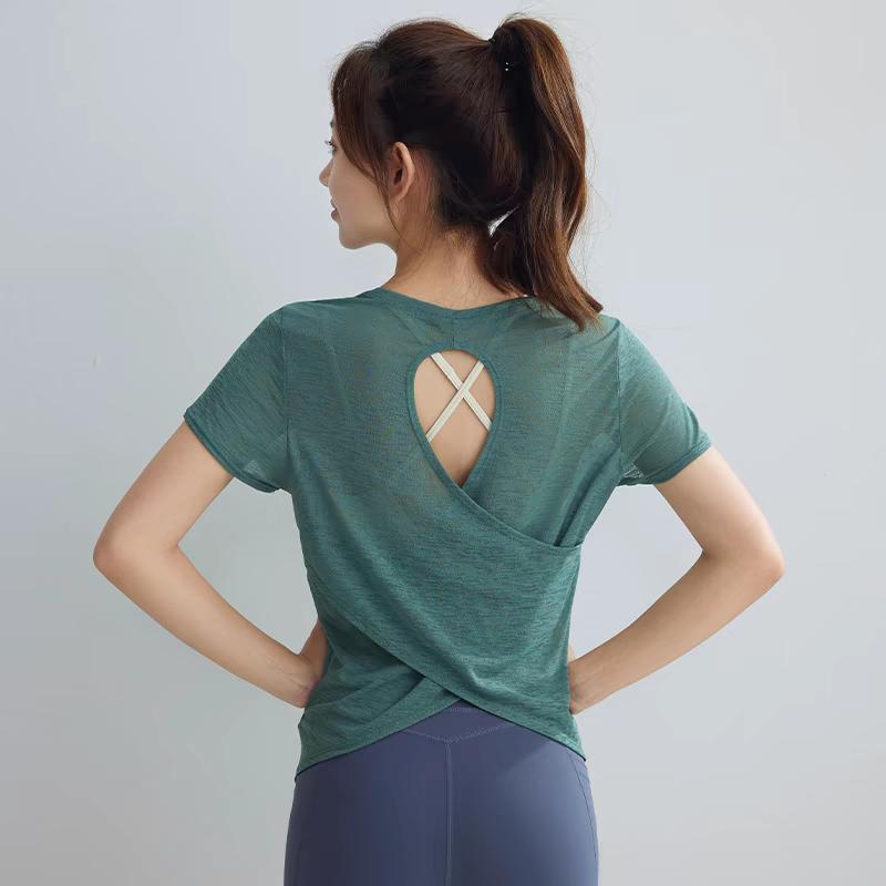 Enges Sport-T-Shirt für Damen, schnelltrocknend, kurzärmelig, Yoga-T-Shirt, Pilates-Fitness-Shirt mit ausgehöhltem Rücken, Lauf-T-Shirt