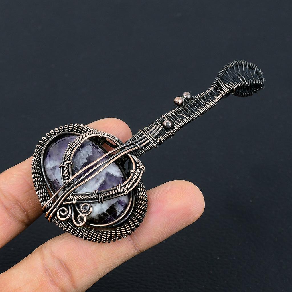 Natural Amethyst Lace Gemstone Handmade Copper Wire Wrap Guitar Pendant 3.1 V4t92