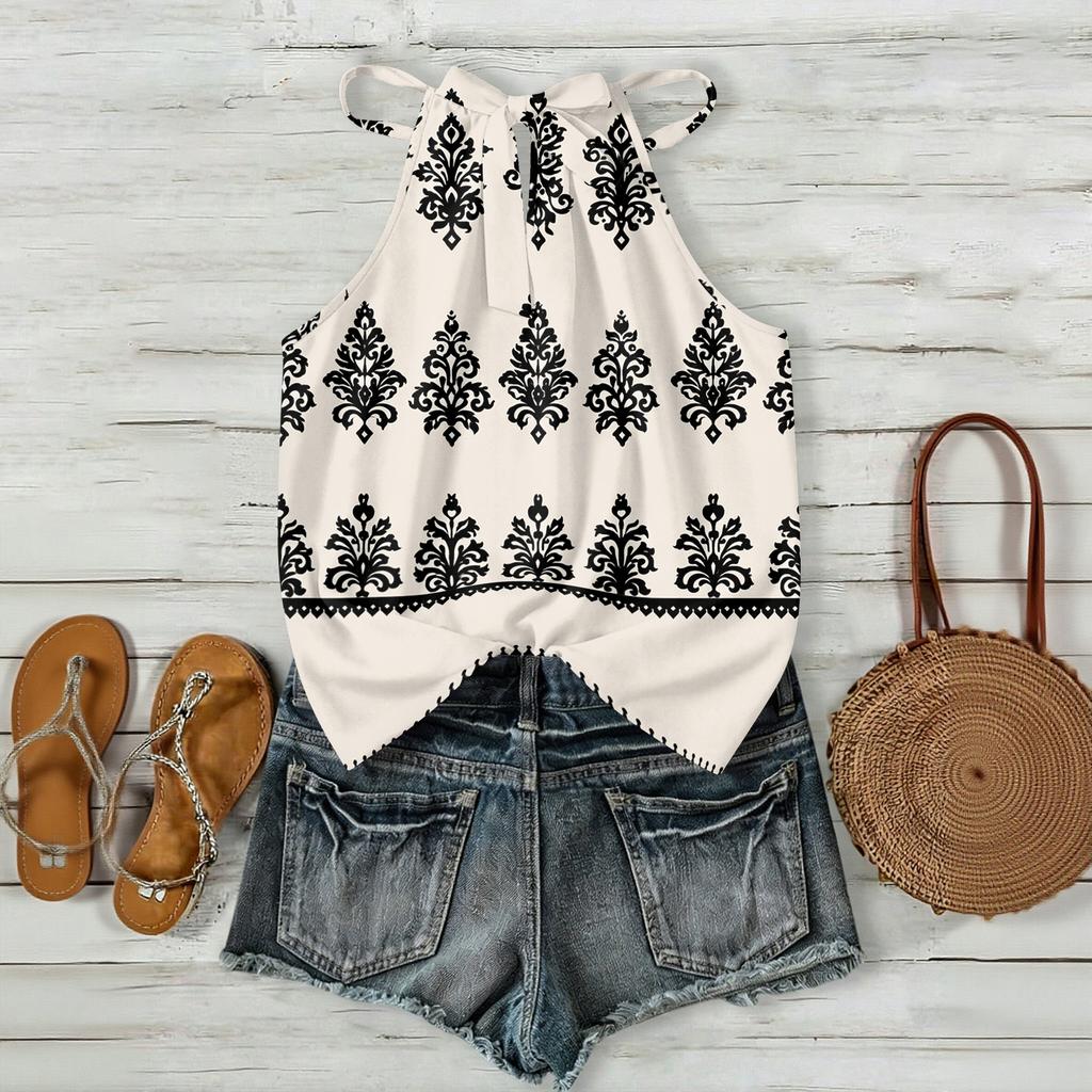 Women Sleeveless Bohemian Tank Top Geometric Print Casual Summer Beachwear Lightweight Blouse with Adjustable Straps and Back Button Closure