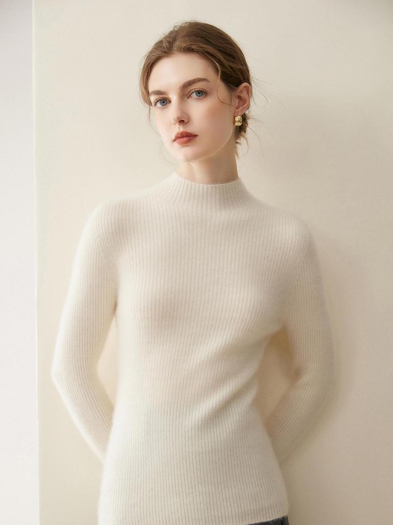 Elegant Slim Fit Women's Pure Cashmere Sweater - 2026 Autumn/Winter Half-High Neck Ribbed Base Layer