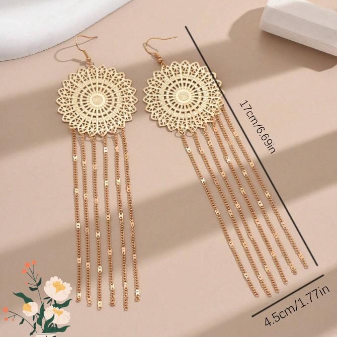 Ethnic Style Tassel Earrings with Hollow Flower Design