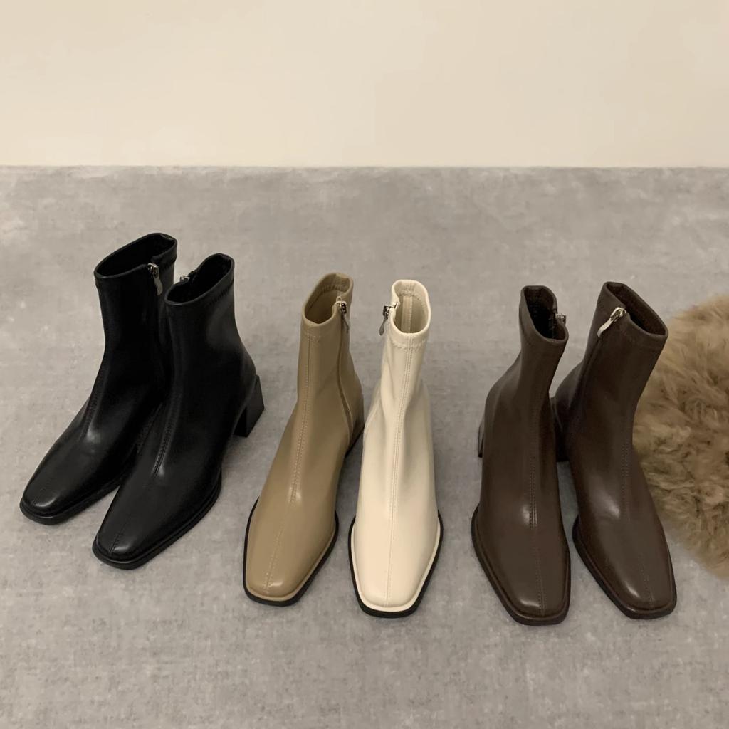High Heel Square Head Elastic Skinny French Short Boots Women's Shoes Season Brown Martin Boots Single Boots