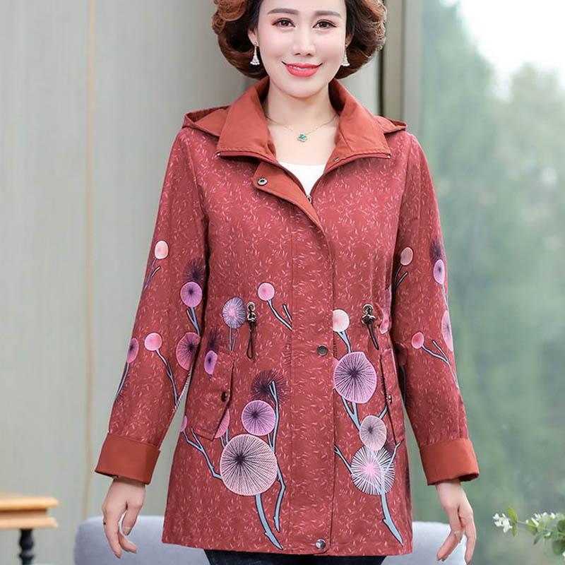 

Осенняя куртка для мамы среднего возраста и пожилых людей, модная женская ветровка средней длины со съемным капюшоном и принтом XL