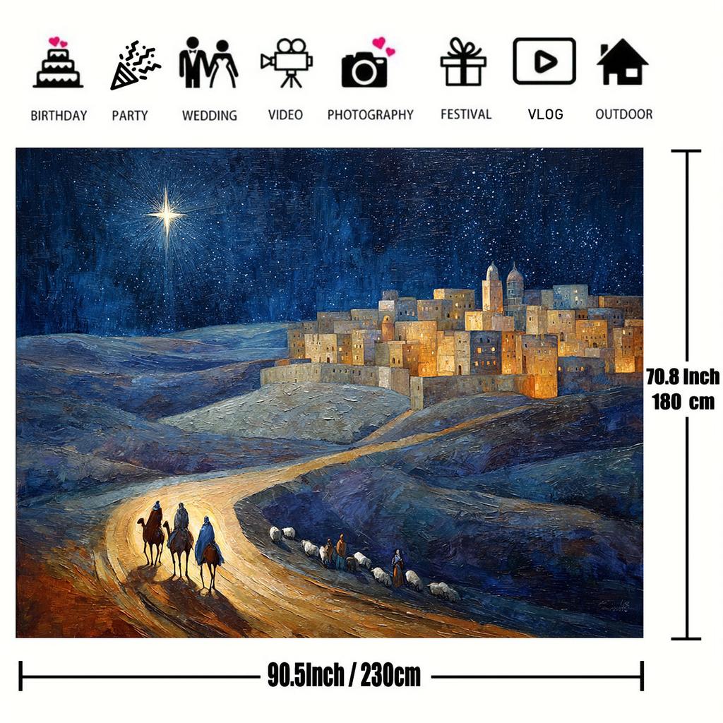 2D plane, 1pc Nativity scene background - traditional Bethlehem City with shepherds, starry sky and the birth of Jesus