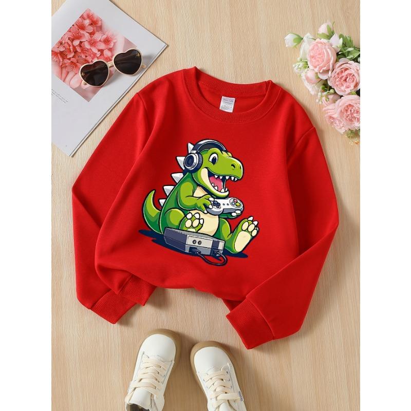 European sizes Dino Gamer Controller Headphones Console Girls' Crew Neck Sweatshirt, Western Style, Long-Sleeved, Casual Colors for Young Girls.