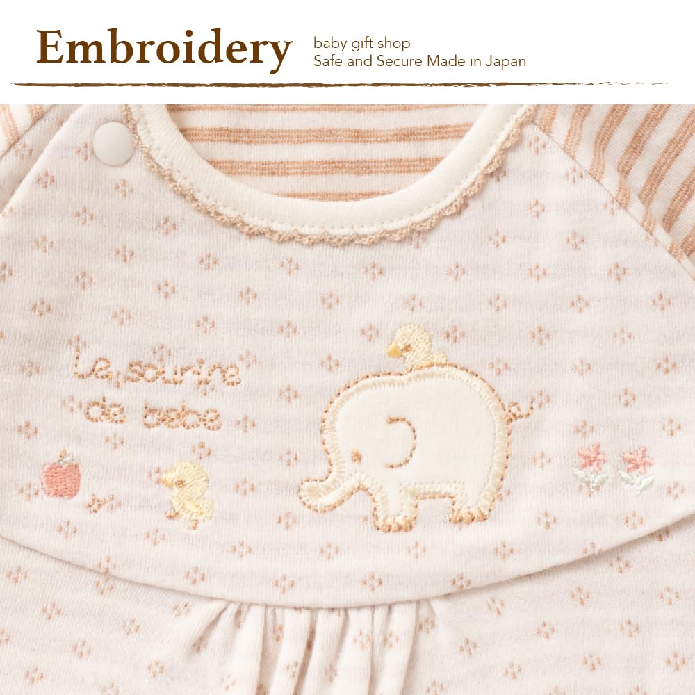 Cream de Coco with Organic Elephant Embroidery for Newborns and Made in Japan for and Sizes Two-Way All-in-One [Crotch Snaps/2-Way] Babies, 100%