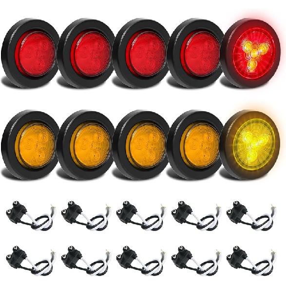 5Pcs 2 Inch Round Led Red Trailer Marker Lights, Led Side Marker Lights With 2 Prong Plug, IP67 Waterproof Clearance Lights For Truck Camper RV