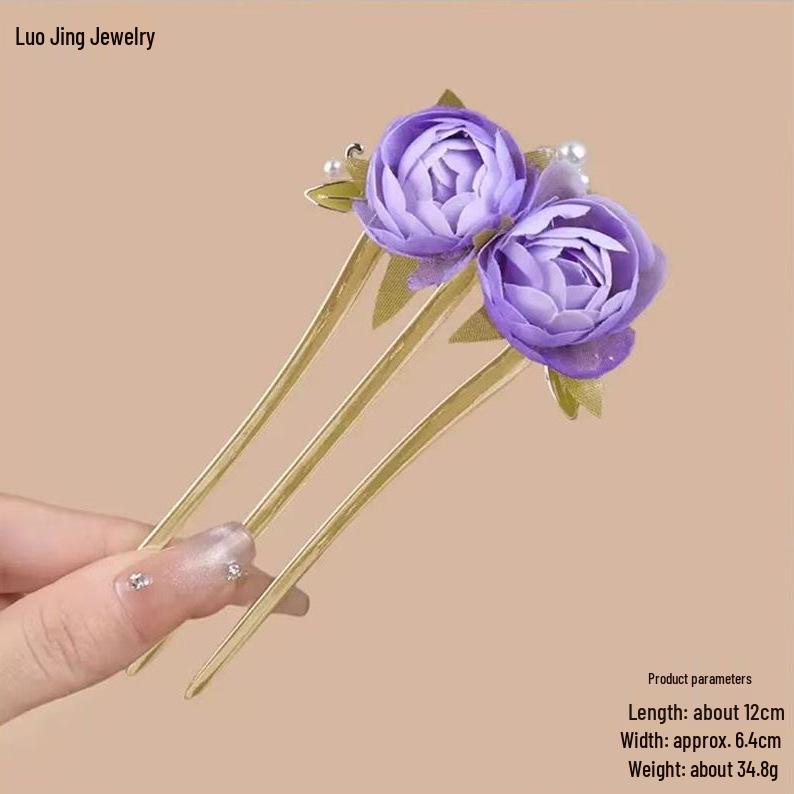 Épingle à cheveux vintage en forme de U avec pompon paon pour femmes - Épingle à chignon nacrée pour Cheongsam et Hanfu