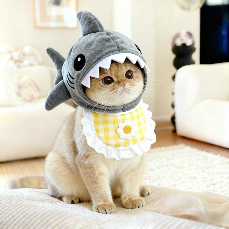 Vtipná nastavitelná pokrývka hlavy kočka žralok Teplá měkká kočičí dekorativní čepice Roztomilá kreslená kočka Teplá čepice Cosplay Party Kryt hlavy pro domácí mazlíčky