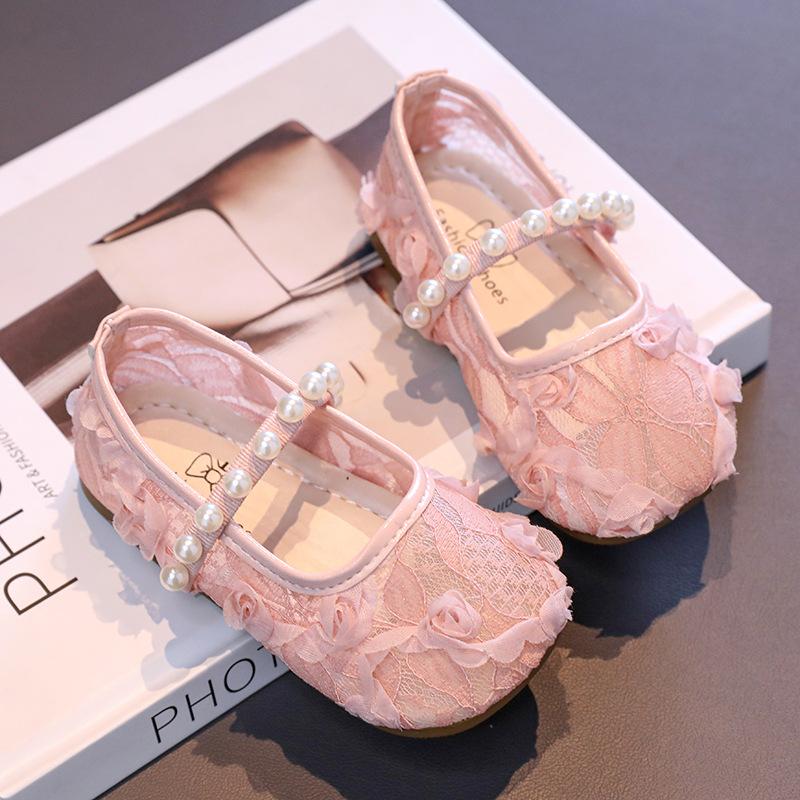 Girls' Flower Petal Flats2026Spring and Summer Sweet Mesh Pearl Solid Color Mesh Shoes for Children