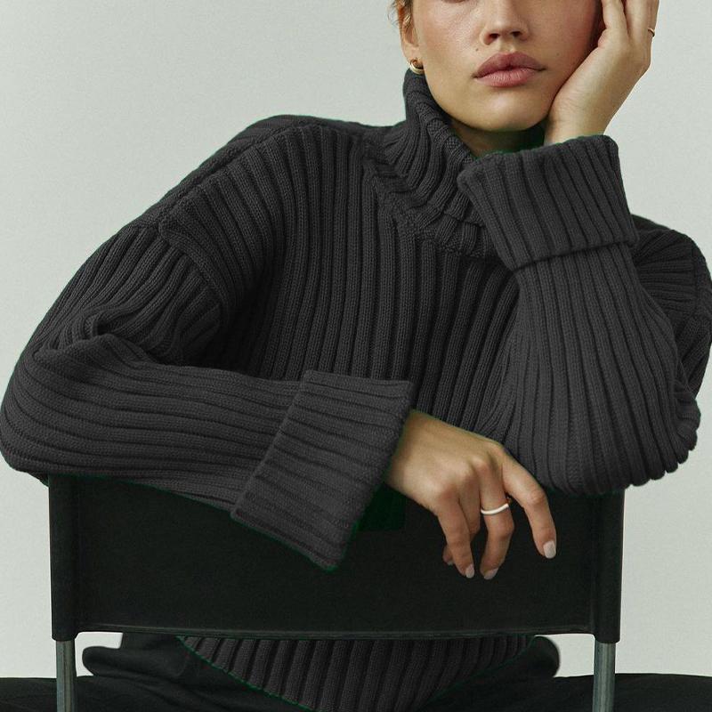 Rollkragenpullover für Damen, einfarbig, gestreift, lässiges Oberteil, verkürzte, ausgestellte Ärmel, Strickpullover