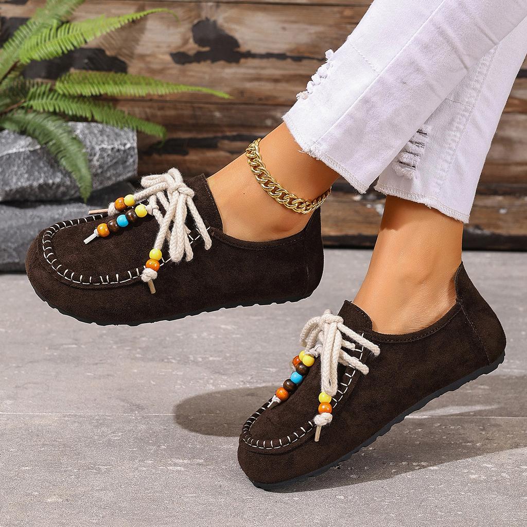 Fashion Wholesale Women's Flat Shoes Round Toe Lace-up String Bead Shoes Women Leisure Retro Style One Kick Spring Autumn Single Shoes