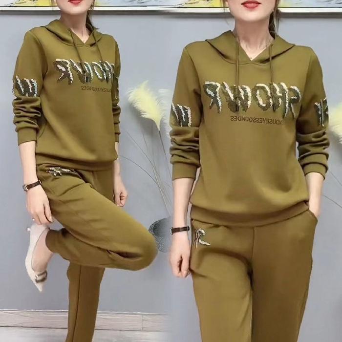 Women's Loose Fit Hooded Tracksuit Long Sleeve Rhinestone Letter Sweatshirt Jogger Pants Two Piece Casual Running Outfit Set