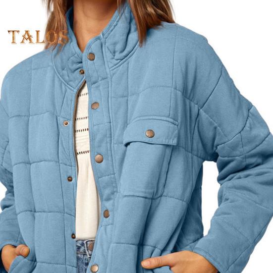 Lady Winter Coat Stand Collar Neck Protection Padded Thick Solid Color Long Sleeves Chest Pocket Button-down Cardigan Daily Commute Travel Jacket