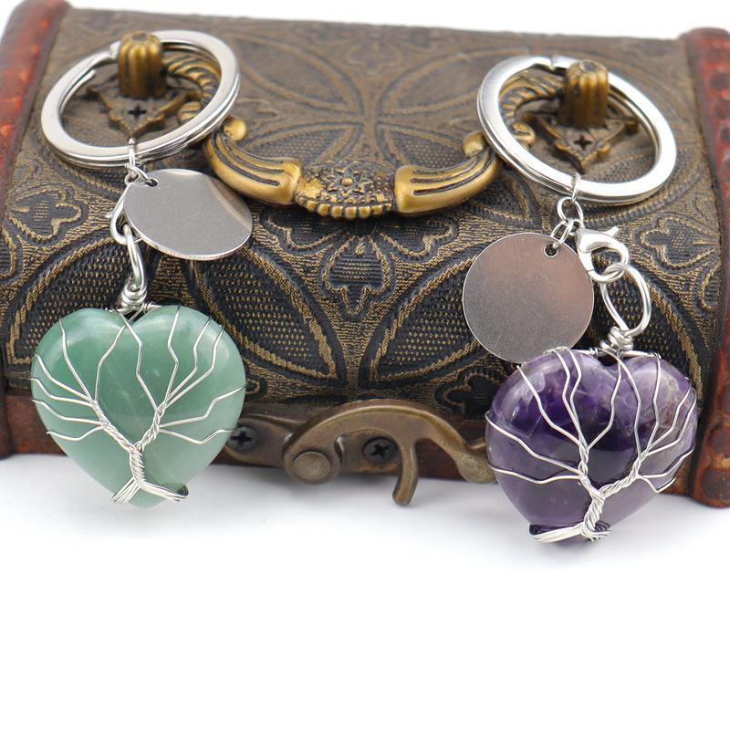 Natural Stone Crystal Peach Heart Heart Shape Tree Of Life Keychain Keychain Bag Pendant K24