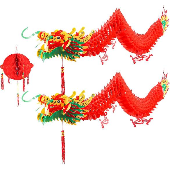 2pcs Chinese New Year Dragon, Chinese Dragon Garland Hanging Decoration with 1 Lantern for Spring Festival Lunar New Year Party Home, Shops,