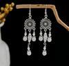 Peacock Tassel Earrings with Hollow Leaf Design in Retro Ethnic Style Imitation Silver for Women