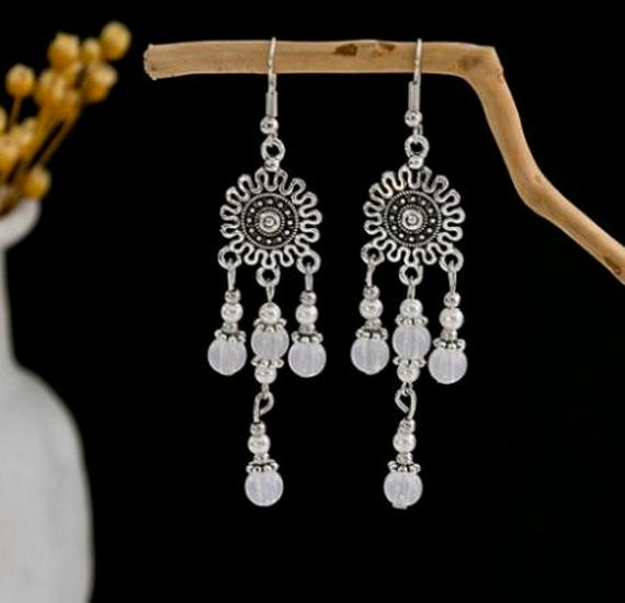 Peacock Tassel Earrings with Hollow Leaf Design in Retro Ethnic Style Imitation Silver for Women