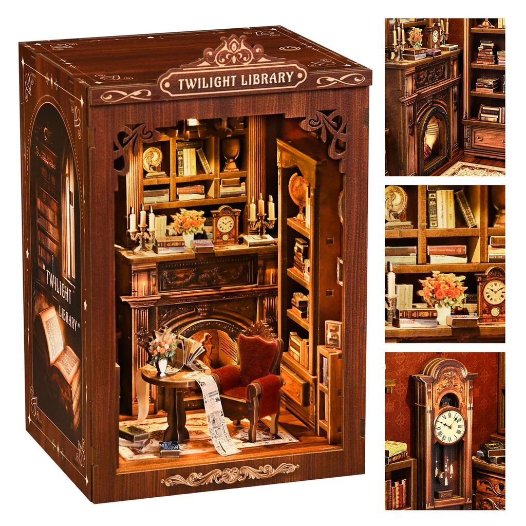 DIY Book Nook Kit Decorative Miniature Nook Bookshelf Insert with LED Light 3D Wooden Miniature House for Book Lovers Home Decor