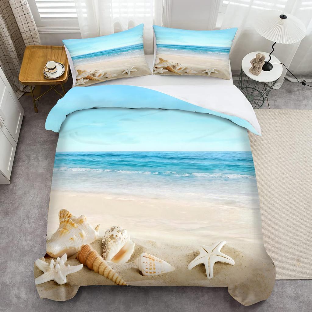 Sea Star Shell Sea Conch Beach Print Duvet Cover Summer Beach Hawaiian Tropical Style Quilt Cover Soft Comfortable Bedding Cover
