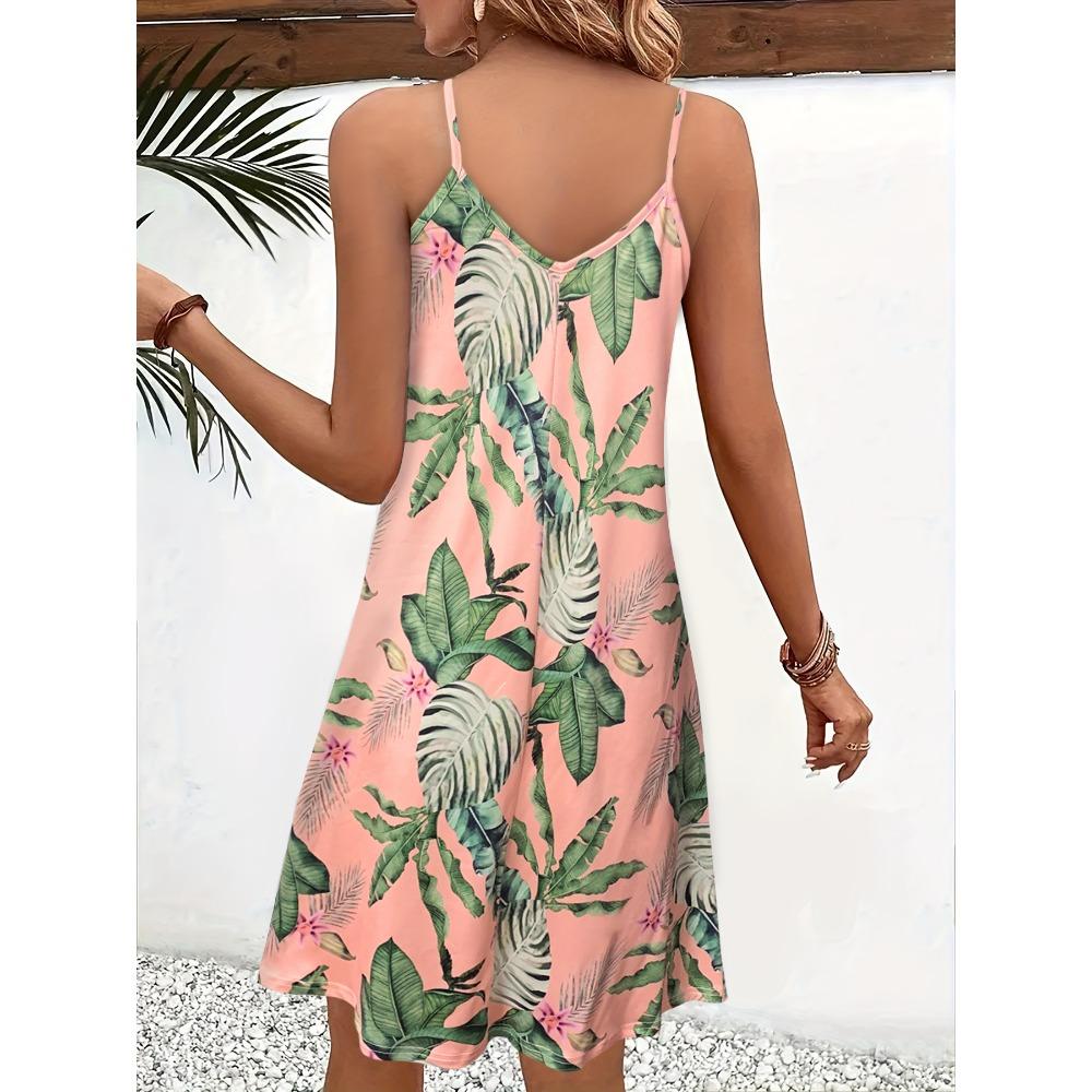 Pink Tropical Plant - Printed Ruffled Spaghetti Strap Dress