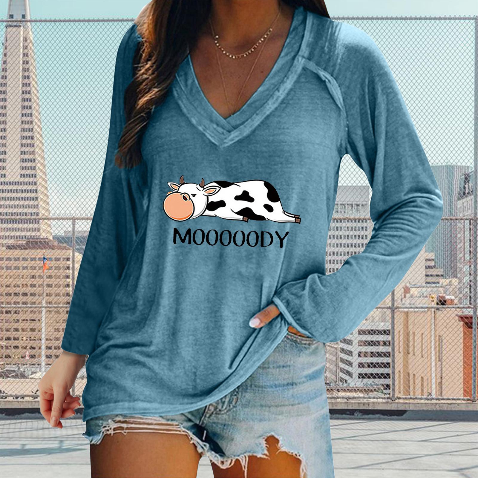 

Folulus Женская повседневная футболка с длинными рукавами и v-образным вырезом с принтом плюс размеры, топы